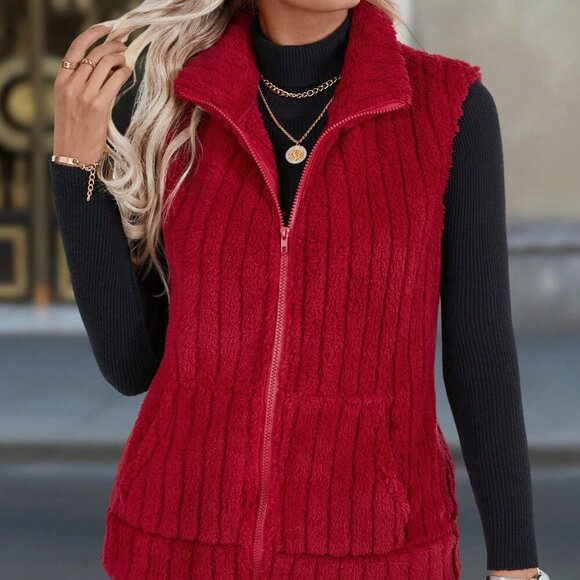 Red Casual Women's Zip Closure Vest Jacket - Picture 5 of 7